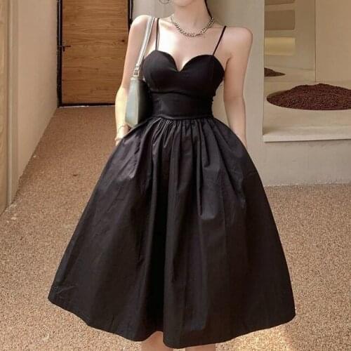 Strap dress waist 2021 new summer fleabane dress small black dress French retro women korean style women dress