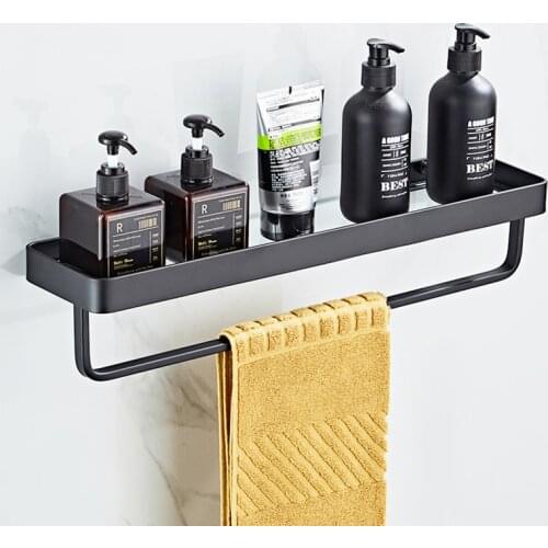Bathroom Shelf With Towel Bar Black Shower Shampoo Soap Cosmetic Shelf Aluminum Bathroom Accessories Storage Organizer Rack