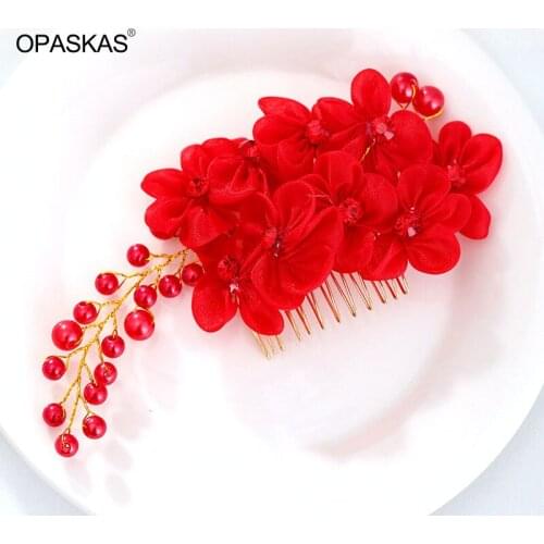 Korean Style Festive and Generous Red Flowers Hair Comb Insertion Comb Wedding Tiara Hand-woven Pearl Hair Ornaments PT