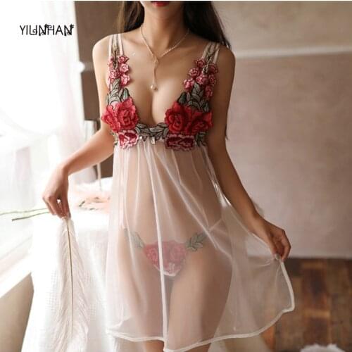 YILINHAN Sexy Nightwear Sexy Nightdress Lace Night Shirts Deep V Neck See-through Dress G-String Sleepwear Lace Night Dress
