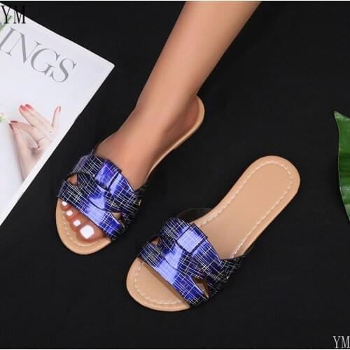 Blue Slippers Women 2021 Summer Roman Shoes Mules Woman Flats Sandals Fashion Brand Leather Weave Flat with Sexy Slides Outside