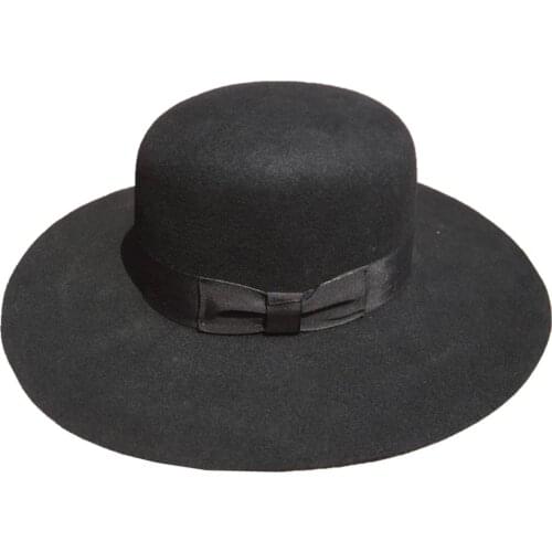 Womens Boss of the Plains Cap Hat Fedora Black Wool Felt Big Wide Brim Hats- Round Top 10cm Brim