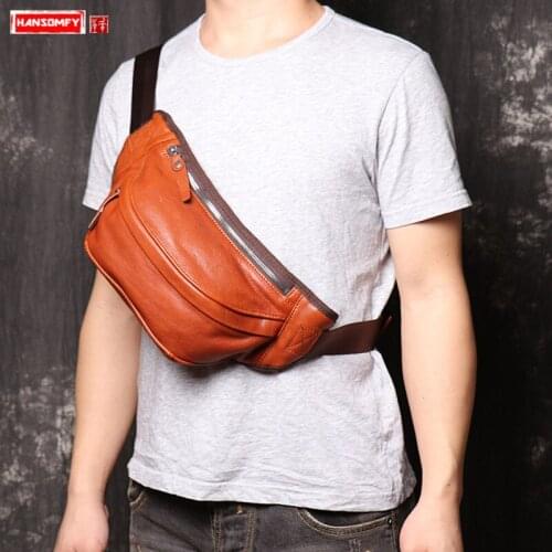 Mens Leather Chest Bag Waist Bag Large Capacity Men Shoulder Messenger Bag Multifunctional Mobile Phone Bags Soft Real Leather