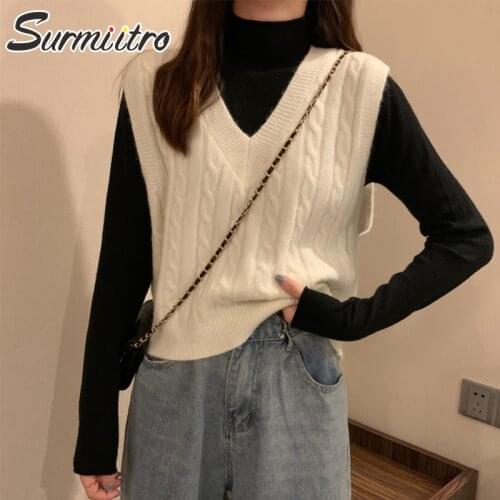 SURMIITRO 2021 Spring Autumn Cashmere Knitted Sweater Vest Women Sleeveless Waistcoat Female Korean Style Short Chic Tops