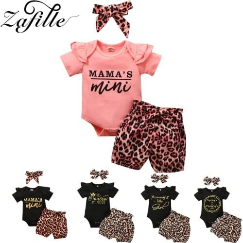 ZAFILLE Leopard Baby Girl Clothes Set Mama Mini Toddler Girl Outfits Letter Printed 3pcs Suit Newborn Clothes Set Summer