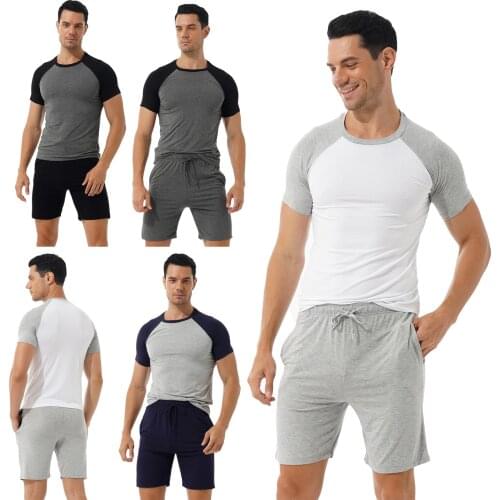 Plus Size Men Casual Two-Piece Pajama Set Sleepwear Homewear Contrast Color Short Sleeve T-Shirt Drawstring Shorts Loungewear