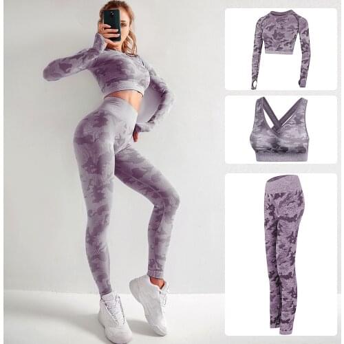 Women Seamless Camo Yoga Set Fitness Yoga Bra Long Sleeve Crop Top Camouflage Push Up Leggings Pants Fitness Suit 3pcs Gym Set
