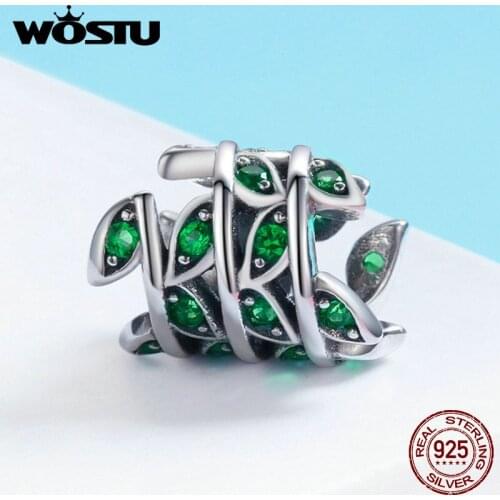WOSTU 100% 925 Sterling Silver Tree of Life Green Tree Leaves Beads fit Women WOST Bracelet & Necklaces Jewelry Making BKC567