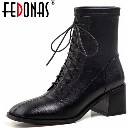 FEDONAS Autumn Winter Square Toe High Heels Women Stretch Ankle Boots Genuine Leather Lace-Up Office Autumn Winter Shoes Woman