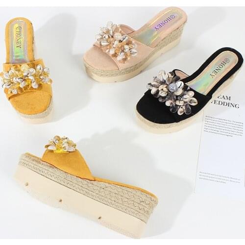 Womens slippers 2021 summer new handmade beaded rhinestone slope with sandals and hemp rope thick bottom increased by 7cm