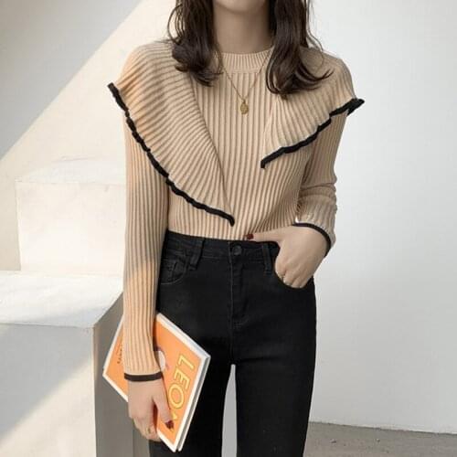 Irregular Knit Sweater Korean Fashion Long Sleeve Patchwork Bottoming Top Women 2021 Fall O Neck Solid Slim Warm Ruffle Pullover