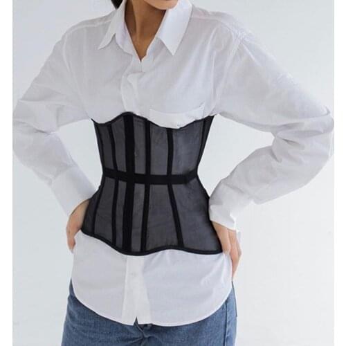 Women Sexy See-Through Mesh Underbust Corset Top Crisscross Lace-Up Bandage Bustier Slimming Waist Belt Cincher Body Shaper