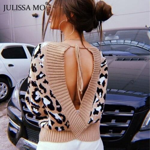 JULISSA MO New Knitted Leopard Backless Sweater top Autumn Winter Womens Long Sleeve Bandage Sexy Sweater Femme Casual Clothing