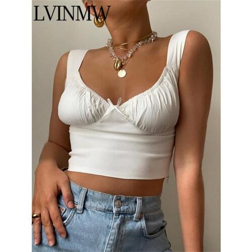 LVINMW Sexy White Spaghetti Straps Low Cut Bow Ruches Crop Top 2019 Summer Women Sleeveless Camisole Top Female Skinny Bralette