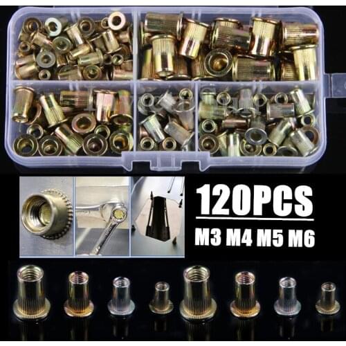 120PCS M3 M4 M5 M6 Zinc Plated Carbon Steel Knurled Nuts Rivnut Flat Head Threaded Rivet Insert Nutsert Cap Rivet Nut
