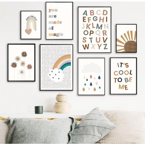 ABC Alphabet Poster Boho Print Sun Posters Rainbow Nursery Wall Art Canvas Painting Nordic Wall Pictures For Kids Room Decor
