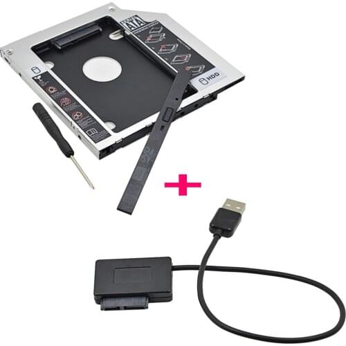 TISHRIC Aluminum Universal 2nd HDD Caddy 9.5mm SATA3.0 For 2.5" SSD Adapter HDD Box Case Enclosure Optical Bay+USB to SATA Cable