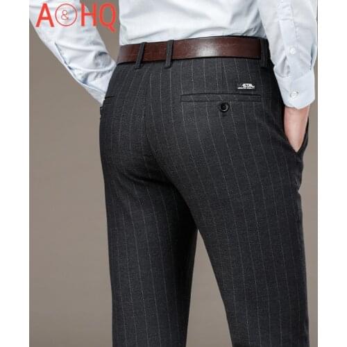 Autumn Winter Mens Pants Straight Striped Suit Pant Clothing Office Formal Trousers for Man Gray Black blue