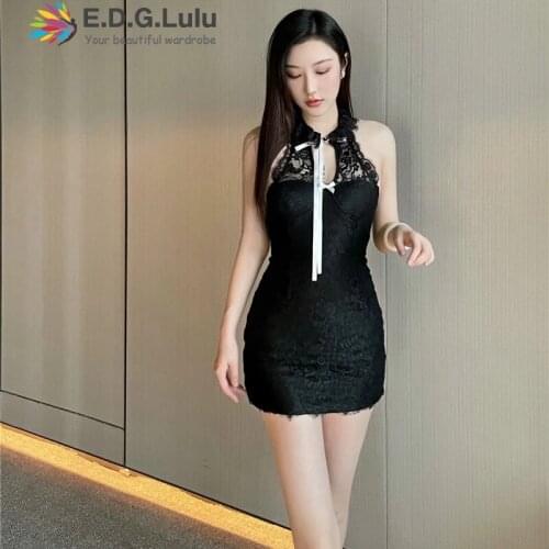 EDGLuLu Sexy Backless Black Lace Summer Dresses For Women Party Elegant Vintage Night Club Party Dresses Vestido Clothes New0331