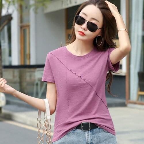 Shintimes Button Patchwork T-Shirt Women 2021 New Summer Short Sleeve Woman Clothes Cotton Casual Tshirt Female Tee Shirt Femme