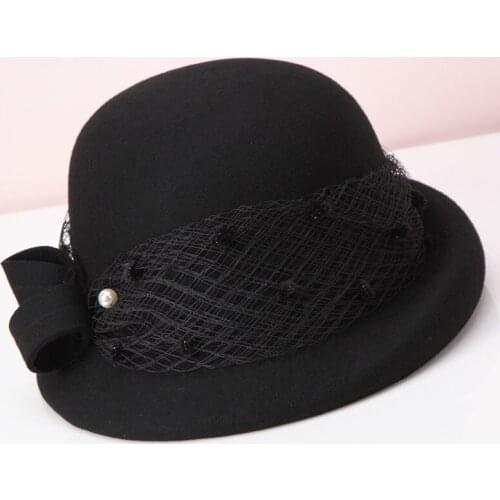 H296 Korean Wool Felt Fedoras Hat Women Retro Elegant Mesh Noble Basin Cap Ladies Autumn Winter Short Brim Dome All-match Hats
