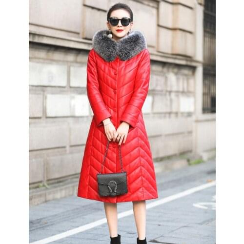 Leather down jacket female long sheepskin down jacket 2020 fox fur collar Slim plus size white duck down female winter jacket889