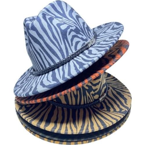 Fashion Zebra Stripes Fedoras Hat Wide Brim Felt Adult Classic Graffiti Flat Edge His-and-Hers Stylish Fashion Hat