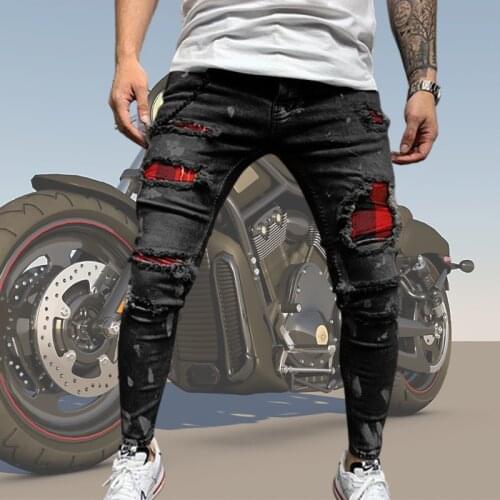 Mens Ripped Skinny Jeans Slim Locomotive Hole Pencil Pants Zipper Biker Hip Hop Denim pants Jogging Street Clothes Man