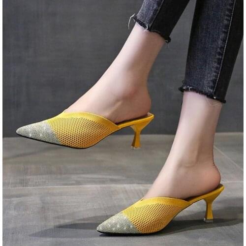2021 Women Slides 6cm High Heels Weave Mules Summer Female Breathable Sandals Lady Yellow Mesh Low Heels Slippers Party Shoes