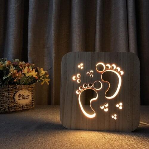 Footprint Shape Solid Wood Carving 3D Night Light Usb Led Wooden Table Desk Lamp for Home Bedroom Decor Kids New Year Xmas Gift