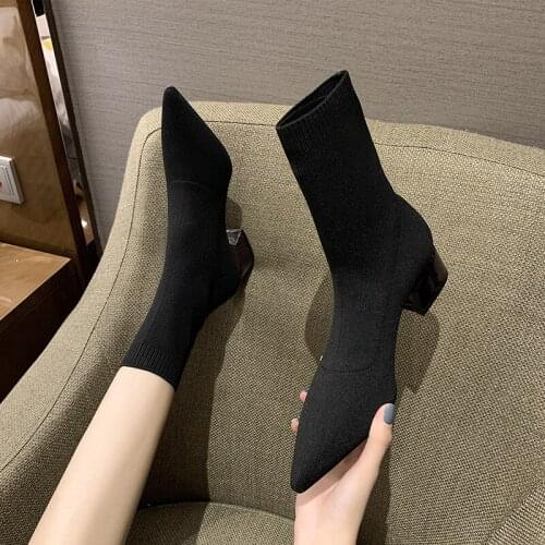 2020 New Autumn Winter Knitted Socks Women Boots Pointed Thick Heel Black Stretch Shoes High Heel Short Ankle Boots Female