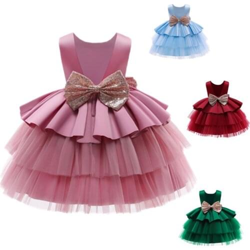 Flower Girl Dress for Wedding Sequins Bow Girls Dress Tiered Fluffy Tulle Party Kids Princess Dresses for Girls Baby Clothes