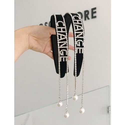 Rhinestone Tassel Back-hanging Headbands Fashion Hair Accessories Womens Diamond-studded Shiny Wide-brimmed Hairband Hair Hoop