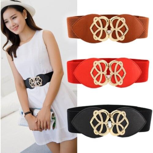 Women Bright Gold Heart Buckle Elastic Waistband Black 6cm Width and 60cm Long Waist Belt Dress Adornment for Women Waistband