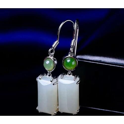 Hetian White Jade Silver drop Earrings New Square Earrings h28