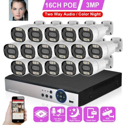 H.265 16CH 3MP Two Way Audio Security Camera System 3MP AI Human Color Night POE IP Camera IP66 Outdoor Video Surveillance Kit