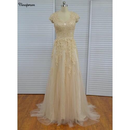 Vinoprom Vestido De Noiva Custom Made See Through Back Zipper Button Beaded Appliqued Cap Sleeve Lace Wedding Dress