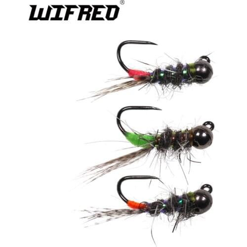 Wifreo 6PCS #12 #14 #16 Black Tungsten Beadhead Jig Fly Euro Nymph Fly Trout Fishing Wet Flies Barbless Hooks Fishing Lure