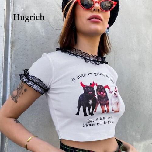 Womens New 2021 Summer Slim Fit Short Sleeve Dog Print Lace Bottom Street Wear T-Shirt