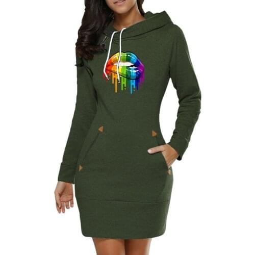 Autumn Winter New Fashion Women Hoodie Dress Kiss Lip Print Mujer Leisure Hooded Tops Pullover Multi Pocket Fitness Sweatshirts