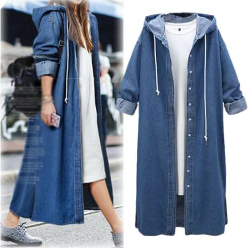 Womens Plus Size Jean Windbreaker Hooded Trench Long Coat Clothes Lady Outwear