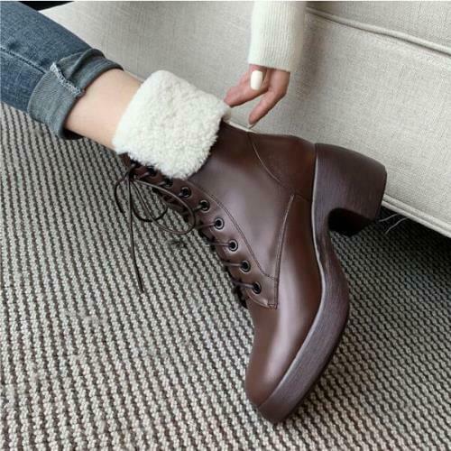 Women Fashion Leather Fur Top Platfrom Block Heel Lace Up Ankle Boots Shoes Solid Color Autumn Winter Fashion Casual Warm Shoes