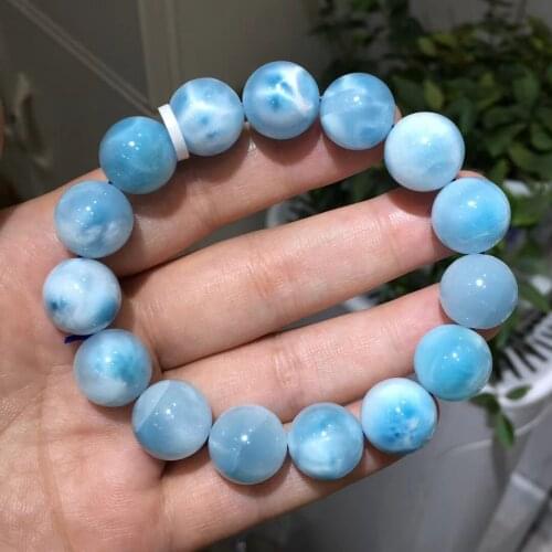 14mm Natural Blue Larimar Gemstone Big Round Beads Bracelet Bangle Water Pattern Larimar Women Genuine AAAAAA