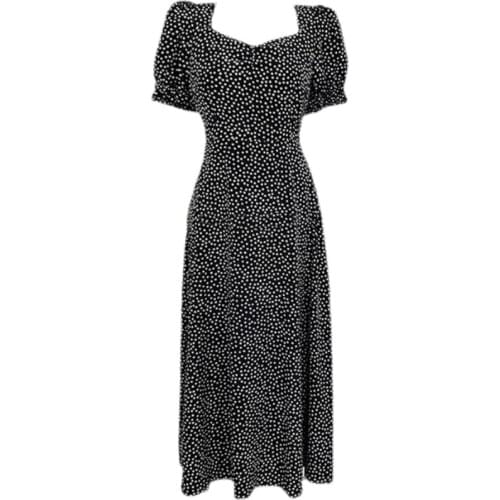 New floral chiffon black Dress Women Korean Fashio Clothes Vintage V-neckHigh waistSlim Fit Lantern Sleeve Large sizeDresses