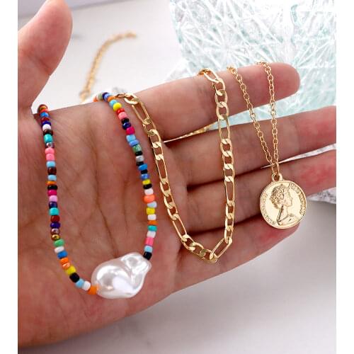 3 Pcs/Set Bohemia Irregular Pearl Beaded Gold Portrait Coin Pendant Necklace Mixcolor Acrylic Rice Bead Strand Layered Necklaces