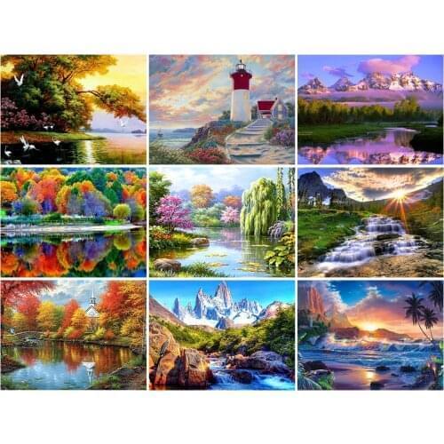 DIY 5D Diamond Painting Landscape Lake Sunset Set Full Dril Square Diamond Embroidery Scenery Mosaic Pictures Rhinestones Decor