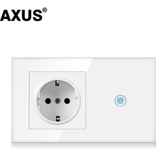 AXUS EU Wall Power Touch Switch with Socket combination Crystal Glass Panel, Bedroom Socket, AC 110-250V 146*86mm Plug Grounding