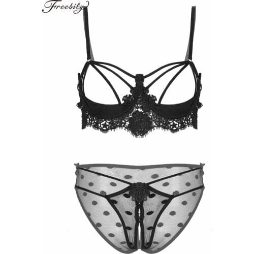 Seamless Plus Size Women Two-Piece Lace Lingerie Set Soft Underwear Embroidered Push Up Underwire Strappy Bra Crotchless Briefs