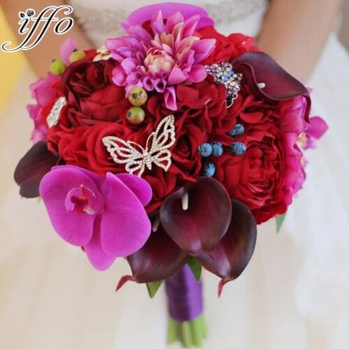 Hot Pink Wedding Bouquet Artificial Rose Phalaenopsis Calla lily Flowers Bride Bridal bouquet Red wine Bridesmaids Bouquets