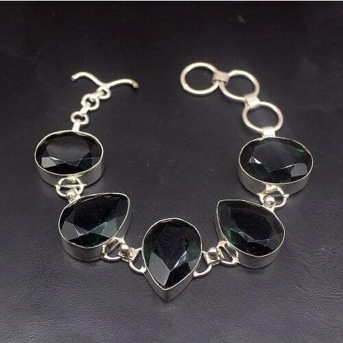Hermosa Jewelry Sparkle Shiny Natural GreenTopaz Silver Color Charms Chain Links Bracelets for Women 7.75 Inch FQ111